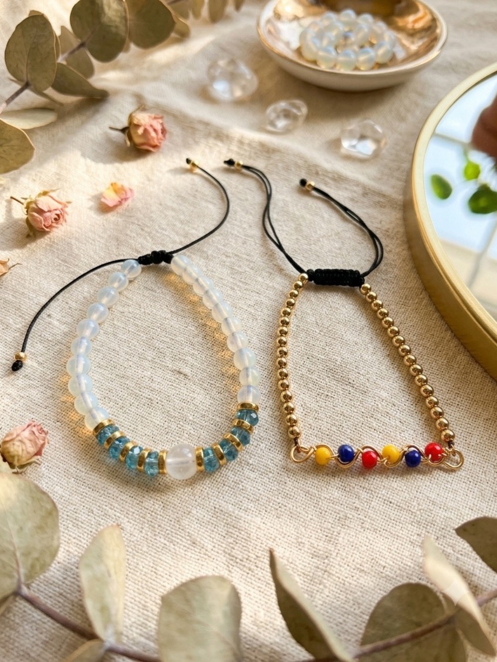 Beaded Adjustable Bracelet Set - Gold & Opal-White